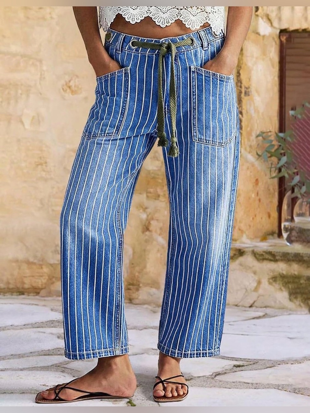 Flamingals High Waist Barrel Leg Pinstripe Drawstring Jeans PS10-26 2XL